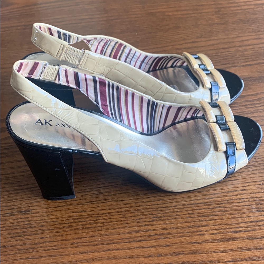 Anne Klein beige faux crocodile block heel open toe sling back shoes